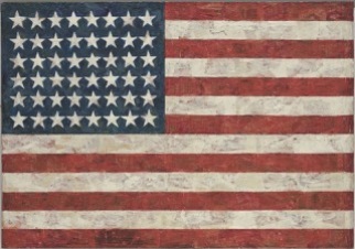 Flag, 1954-55, daté 1954 au dos, Jasper Johns, MoMA Peinture à l'encaustique et à l'huile, collage sur toile montée en trois panneaux sur contreplaqué. ©2017 Jasper Johns/Licensed by VAGA, New York, NY